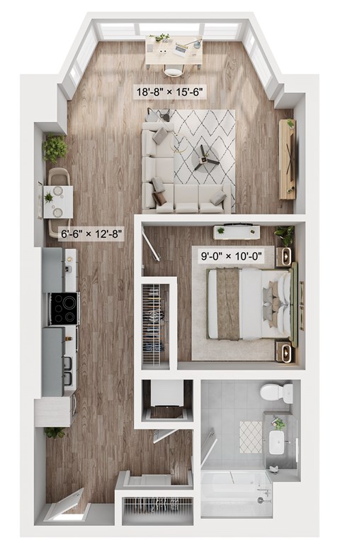 Floor plan for 1 bed, 1 bath, 688 sqft